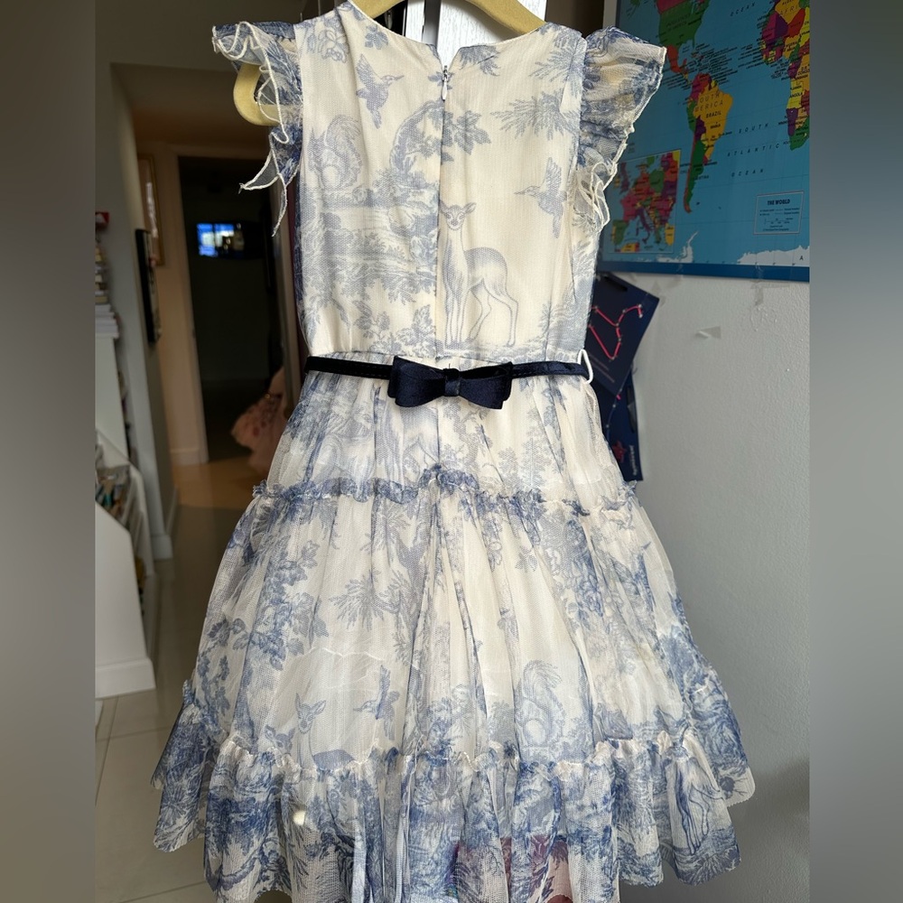 MonnaLisa beige/blue printed tulle dress. Size 6 girls. Lightly used